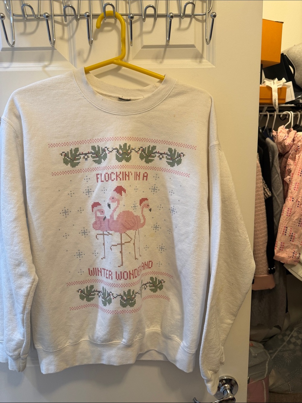 White Crewneck Sweatshirt with Pink Flamingo Winter Graphic
